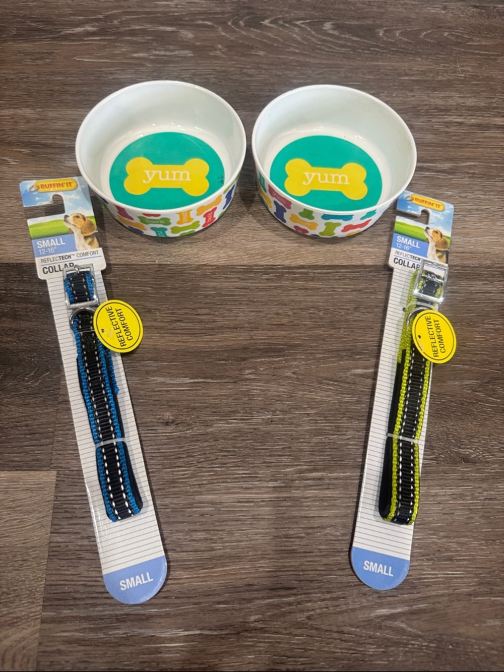 2 Small Reflective Dog Collars and 2 food bowls